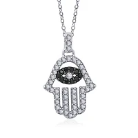 Lab Created Platinum Plated Sterling Silver CZ, Natural and Synthetic Black Spinel Evil Eye Hamsa Hand Lucky Pendant Necklace