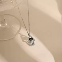 Lab Created Platinum Plated Sterling Silver CZ, Natural and Synthetic Black Spinel Evil Eye Hamsa Hand Lucky Pendant Necklace
