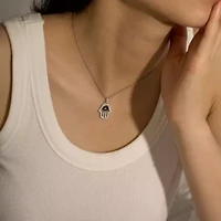 Lab Created Platinum Plated Sterling Silver CZ, Natural and Synthetic Black Spinel Evil Eye Hamsa Hand Lucky Pendant Necklace
