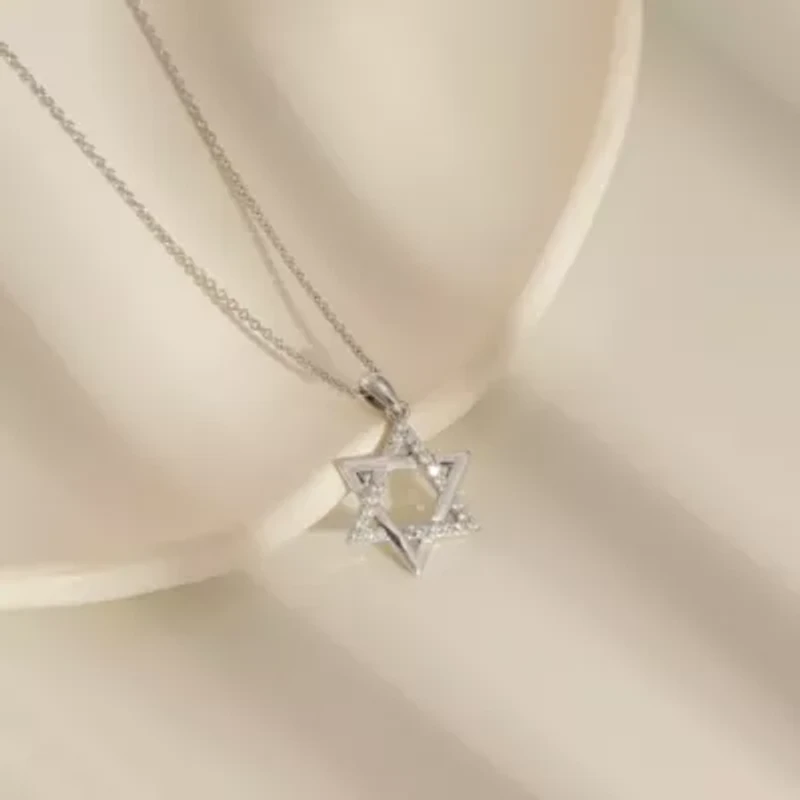 Lab Created Platinum Plated Sterling Silver Religious Round Brilliant Cubic Zirconia Star Of David Pendant Necklace