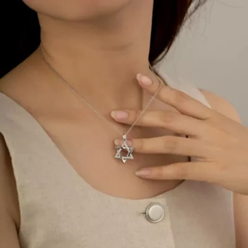 Lab Created Platinum Plated Sterling Silver Religious Round Brilliant Cubic Zirconia Star Of David Pendant Necklace