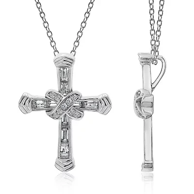 Lab Created Platinum-Plated Sterling Silver Religious Baguette & Round Clear-Cut Cubic Zirconia "X-Cross" Pendant Necklace
