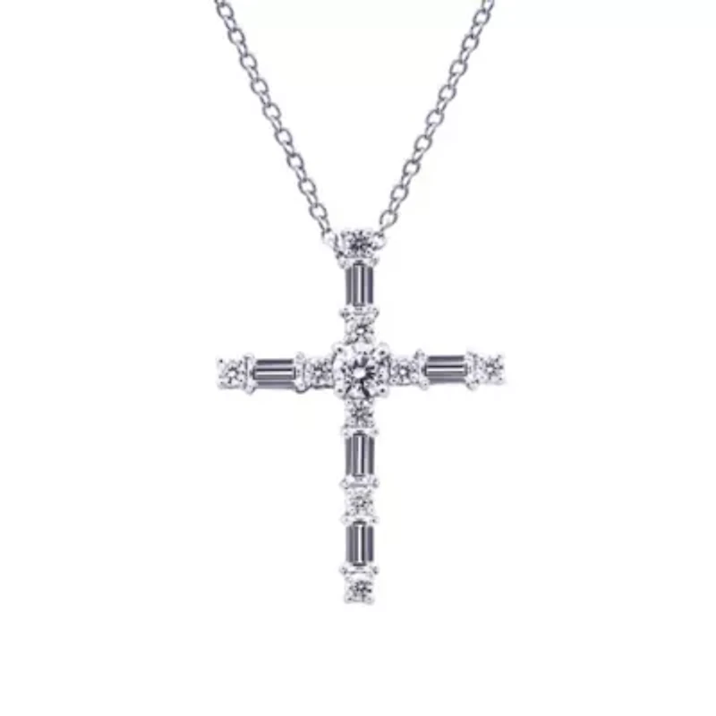 Lab Created Platinum Plated Sterling Silver Mixed Round & Baguette Cut Cubic Zirconia Cross Pendant Necklace