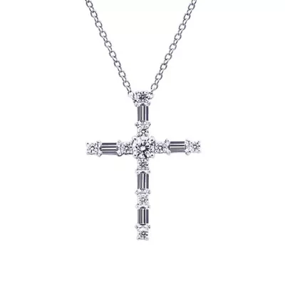 Lab Created Platinum Plated Sterling Silver Mixed Round & Baguette Cut Cubic Zirconia Cross Pendant Necklace