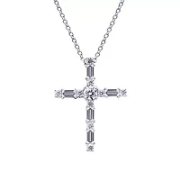 Lab Created Platinum Plated Sterling Silver Mixed Round & Baguette Cut Cubic Zirconia Cross Pendant Necklace