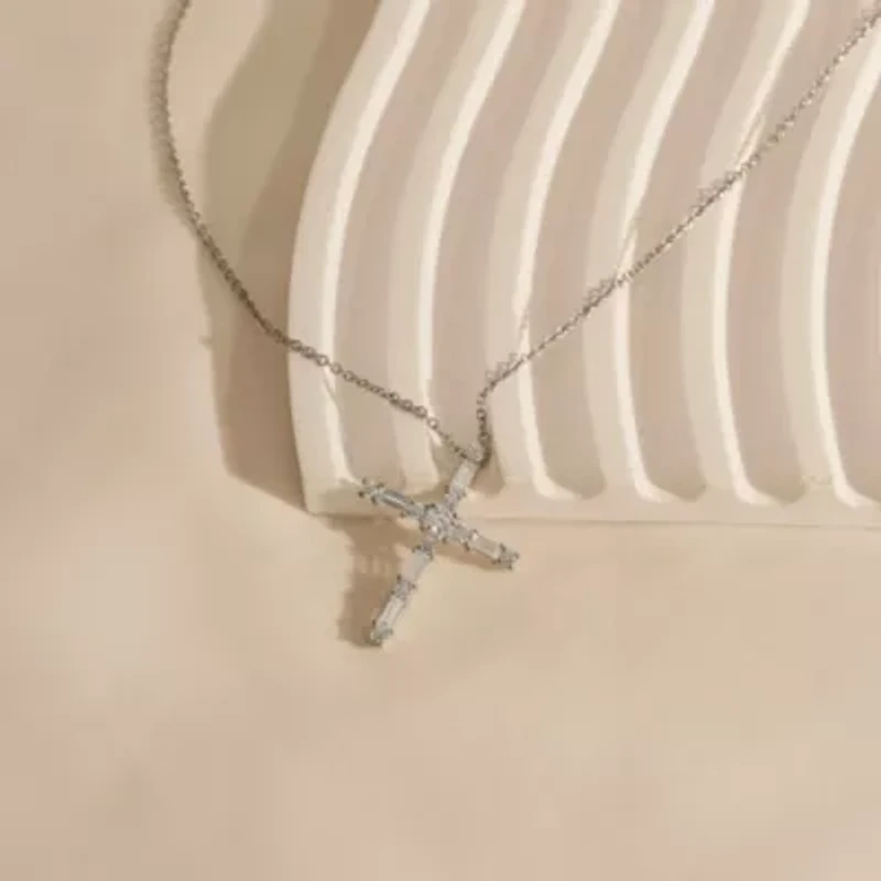 Lab Created Platinum Plated Sterling Silver Mixed Round & Baguette Cut Cubic Zirconia Cross Pendant Necklace