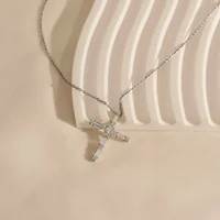 Lab Created Platinum Plated Sterling Silver Mixed Round & Baguette Cut Cubic Zirconia Cross Pendant Necklace