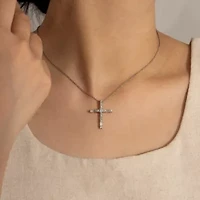 Lab Created Platinum Plated Sterling Silver Mixed Round & Baguette Cut Cubic Zirconia Cross Pendant Necklace