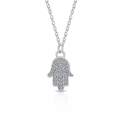 Lab Created Platinum Plated Sterling Silver Clear Cubic Zirconia Pave Hamsa Hand Lucky Pendant Necklace