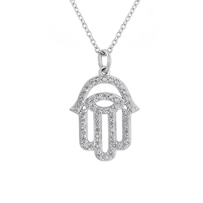 Lab Created Platinum Plated Sterling Silver Clear Cubic Zirconia Hollow Hamsa Hand Lucky Pendant Necklace