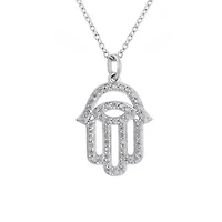 Lab Created Platinum Plated Sterling Silver Clear Cubic Zirconia Hollow Hamsa Hand Lucky Pendant Necklace