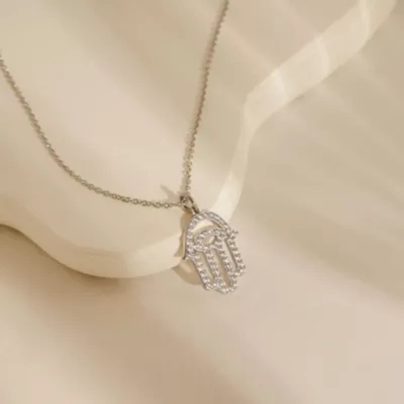 Lab Created Platinum Plated Sterling Silver Clear Cubic Zirconia Hollow Hamsa Hand Lucky Pendant Necklace