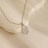 Lab Created Platinum Plated Sterling Silver Clear Cubic Zirconia Hollow Hamsa Hand Lucky Pendant Necklace