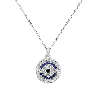 Lab Created Platinum Plated Sterling Silver Synthetic Sapphire and Clear Cubic Zirconia Round Evil Eye Pendant Necklace