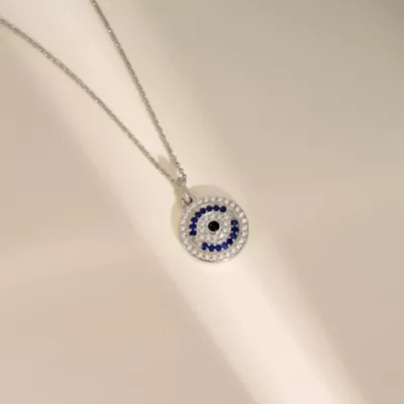 Lab Created Platinum Plated Sterling Silver Synthetic Sapphire and Clear Cubic Zirconia Round Evil Eye Pendant Necklace