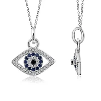 Lab Created Platinum Plated Sterling Silver Synthetic Sapphire and Clear Cubic Zirconia Evil Eye Pendant Necklace