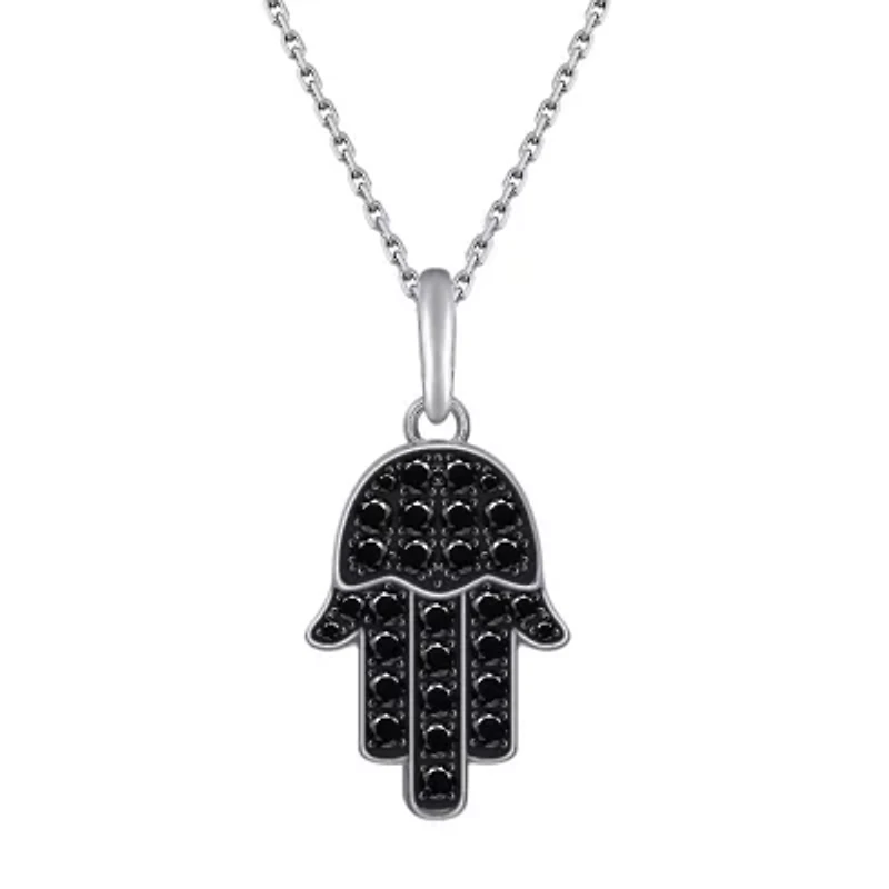Lab Created Platinum Plated Sterling Silver Natural Black Spinel Pave Hamsa Hand Lucky Pendant Necklace