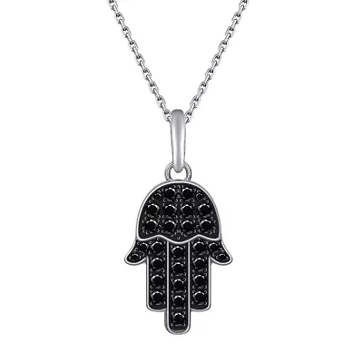 Lab Created Platinum Plated Sterling Silver Natural Black Spinel Pave Hamsa Hand Lucky Pendant Necklace