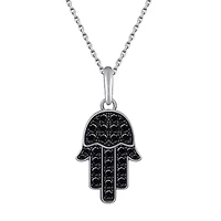 Lab Created Platinum Plated Sterling Silver Natural Black Spinel Pave Hamsa Hand Lucky Pendant Necklace