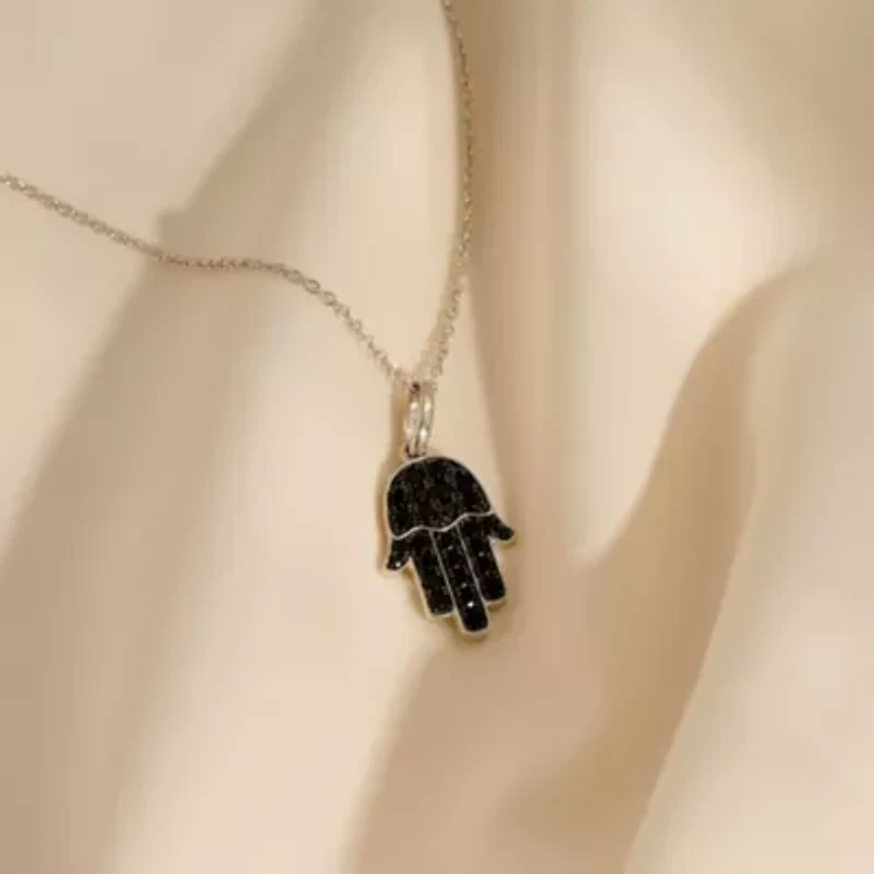 Lab Created Platinum Plated Sterling Silver Natural Black Spinel Pave Hamsa Hand Lucky Pendant Necklace