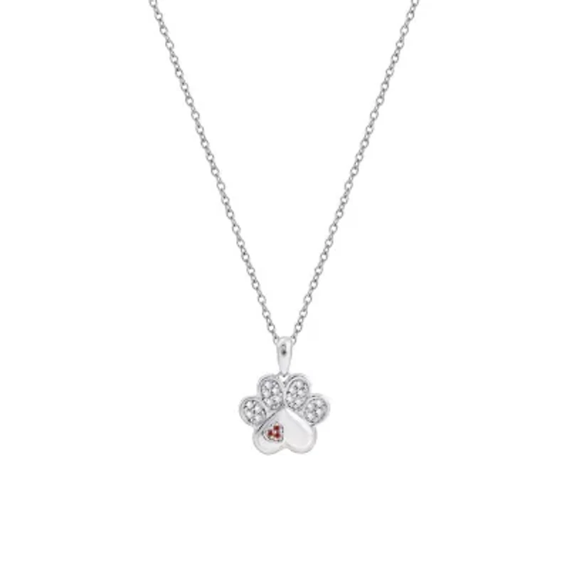 Lab Created Platinum Plated Sterling Silver Cubic Zirconia Tiny Heart Paw Pendant Necklace