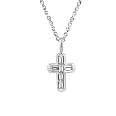 Lab Created Platinum Plated Sterling Silver Channel Religious Baguette Cut Clear Cubic Zirconia Cross Necklace