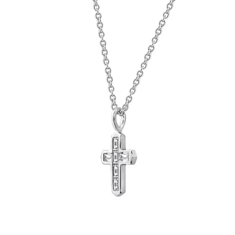 Lab Created Platinum Plated Sterling Silver Channel Religious Baguette Cut Clear Cubic Zirconia Cross Necklace