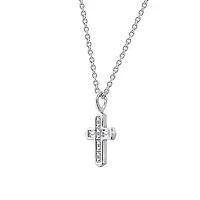 Lab Created Platinum Plated Sterling Silver Channel Religious Baguette Cut Clear Cubic Zirconia Cross Necklace