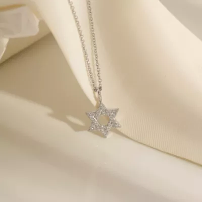 Lab Created Platinum Plated Sterling Silver Religious Round Brilliant Cubic Zirconia Pave Star Of David Pendant Necklace