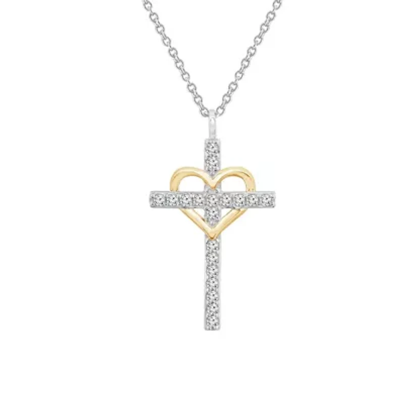 Lab Created Two Tones Cubic Zirconia Catholic Christian Religious Cross With Heart Pendant Necklace
