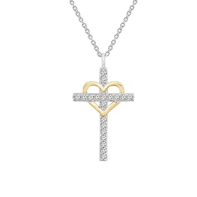 Lab Created Two Tones Cubic Zirconia Catholic Christian Religious Cross With Heart  Pendant Necklace