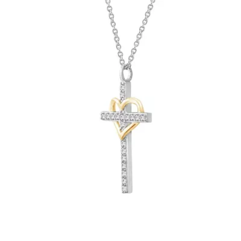 Lab Created Two Tones Cubic Zirconia Catholic Christian Religious Cross With Heart  Pendant Necklace