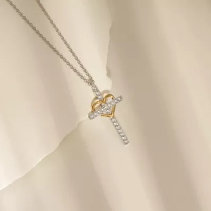 Lab Created Two Tones Cubic Zirconia Catholic Christian Religious Cross With Heart  Pendant Necklace