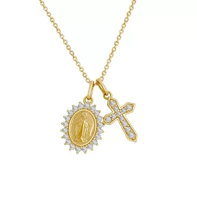 Lab Created 14K Yellow Gold Plated Sterling Silver CZ Mother Mary And Vintage Cross Double Religious Charms Pendant Necklace