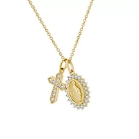 Lab Created 14K Yellow Gold Plated Sterling Silver CZ Mother Mary And Vintage Cross Double Religious Charms Pendant Necklace