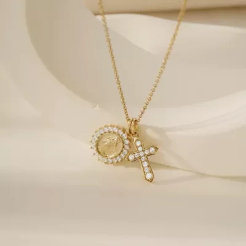 Lab Created 14K Yellow Gold Plated Sterling Silver CZ Mother Mary And Vintage Cross Double Religious Charms Pendant Necklace