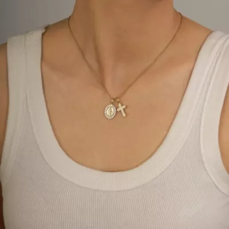 Lab Created 14K Yellow Gold Plated Sterling Silver CZ Mother Mary And Vintage Cross Double Religious Charms Pendant Necklace