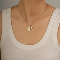 Lab Created 14K Yellow Gold Plated Sterling Silver CZ Mother Mary And Vintage Cross Double Religious Charms Pendant Necklace