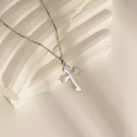 Lab Created Platinum Plated Sterling Silver Dainty Plain Bottony Cross Pendant Necklace