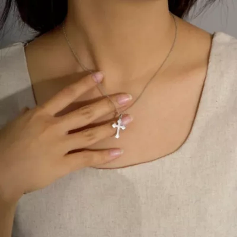 Lab Created Platinum Plated Sterling Silver Dainty Plain Bottony Cross Pendant Necklace
