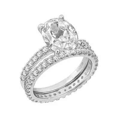 Lab Created Platinum clad Sterling Silver 4ct Oval Cubic Zirconia Solitaire Engagement Ring Set, Size 10