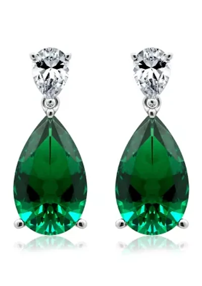 Rhodium Plated Sterling Silver Emerald Pear Drop Earrings