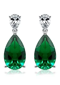 Rhodium Plated Sterling Silver Emerald Pear Drop Earrings
