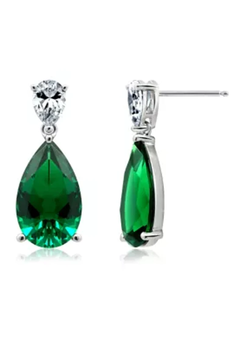 Rhodium Plated Sterling Silver Emerald Pear Drop Earrings