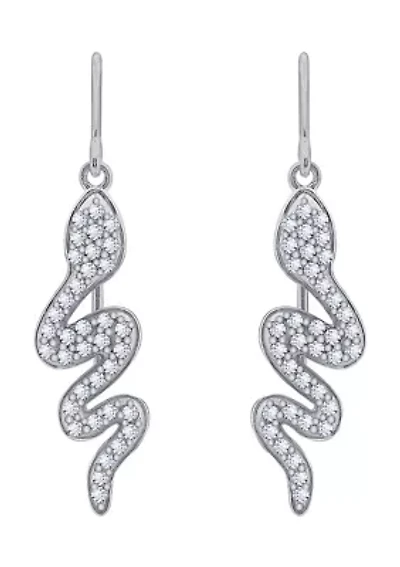 Platinum Plated Sterling Silver Cubic Zirconia Snake Drop Earrings