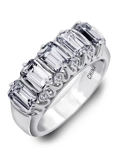 Rhodium Plated Sterling Silver 3.5 ct. t.w. Emerald Cut Cubic Zirconia 5 Stone Ring