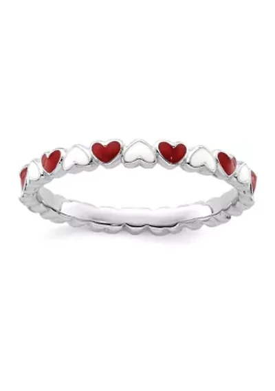 Sterling Silver Stackable Expressions Red and White Enamel Heart Ring