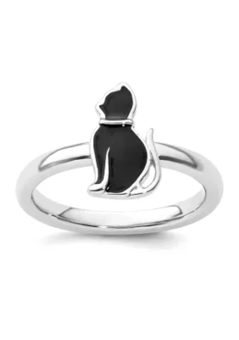 Sterling Silver Stackable Expressions Black Enameled Cat Ring