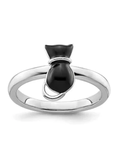 Sterling Silver Stackable Expressions Polished Black Enameled Cat Ring
