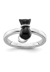 Sterling Silver Stackable Expressions Polished Black Enameled Cat Ring